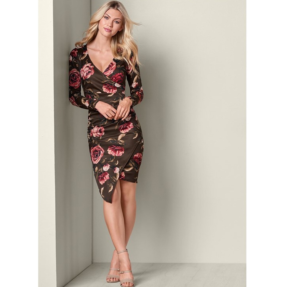 ❤️ NEW Venus Olive Rose Print Bodycon Wrap Dress M